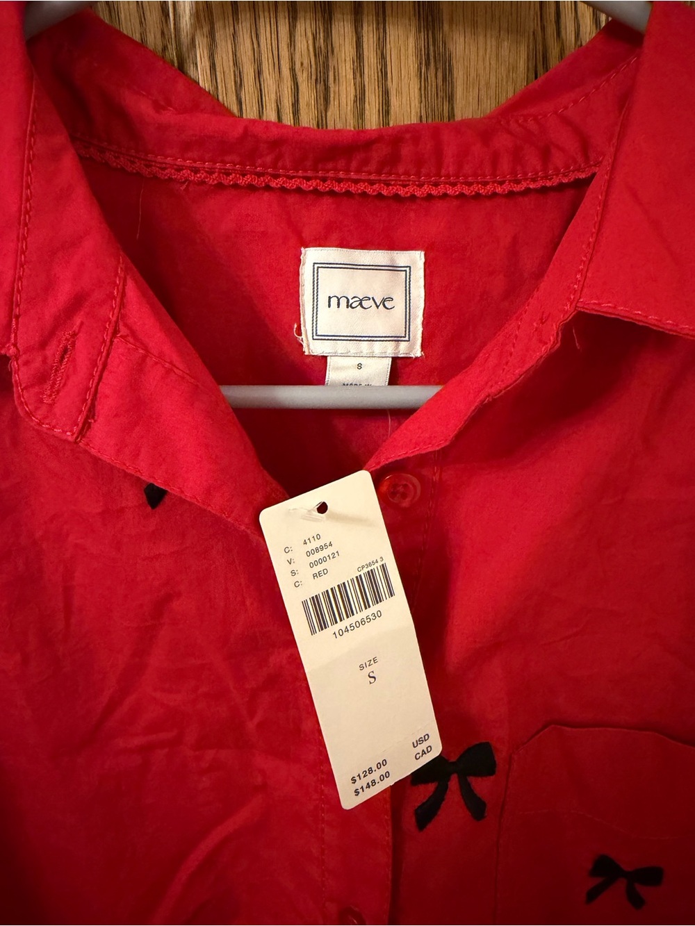 Anthropologie Maeve Red Button-Down Shirt with Black Bow Accents Small NWT - Picture 4 of 9